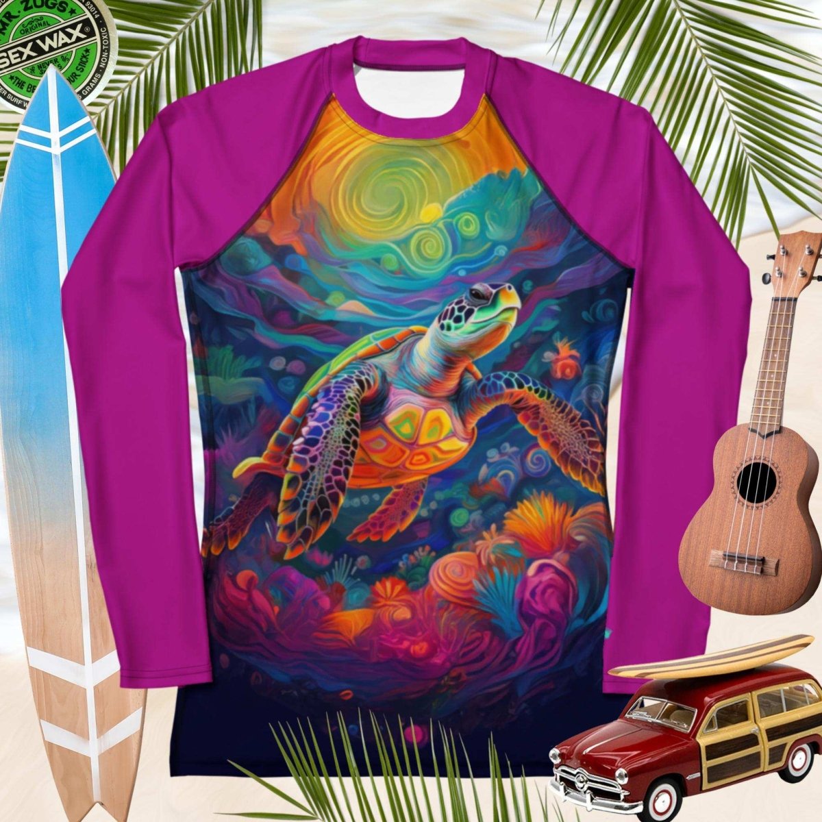Colorful long-sleeve sun rashie with a turtle design on a background with a surfboard, ukulele, and vintage car.