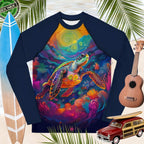 Navy blue rash guard with a colorful turtle design on a beachy background with surfboard, ukulele, and a toy car.