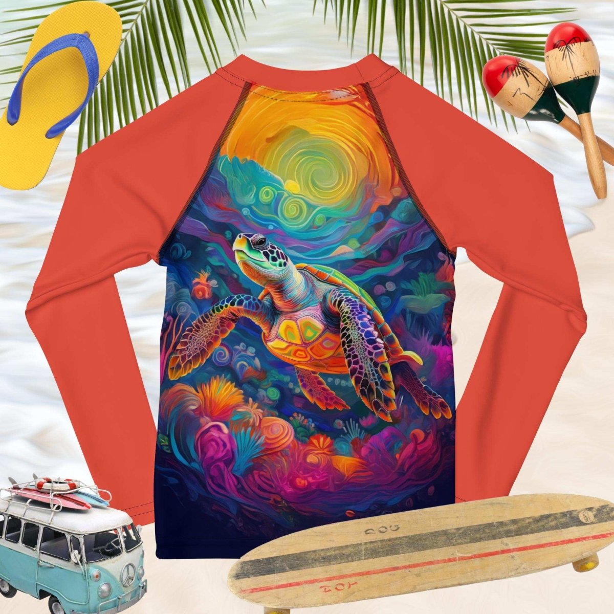 Colorful turtle-themed shirt with red sleeves on a beach background with flip-flops, maracas, and a toy van.