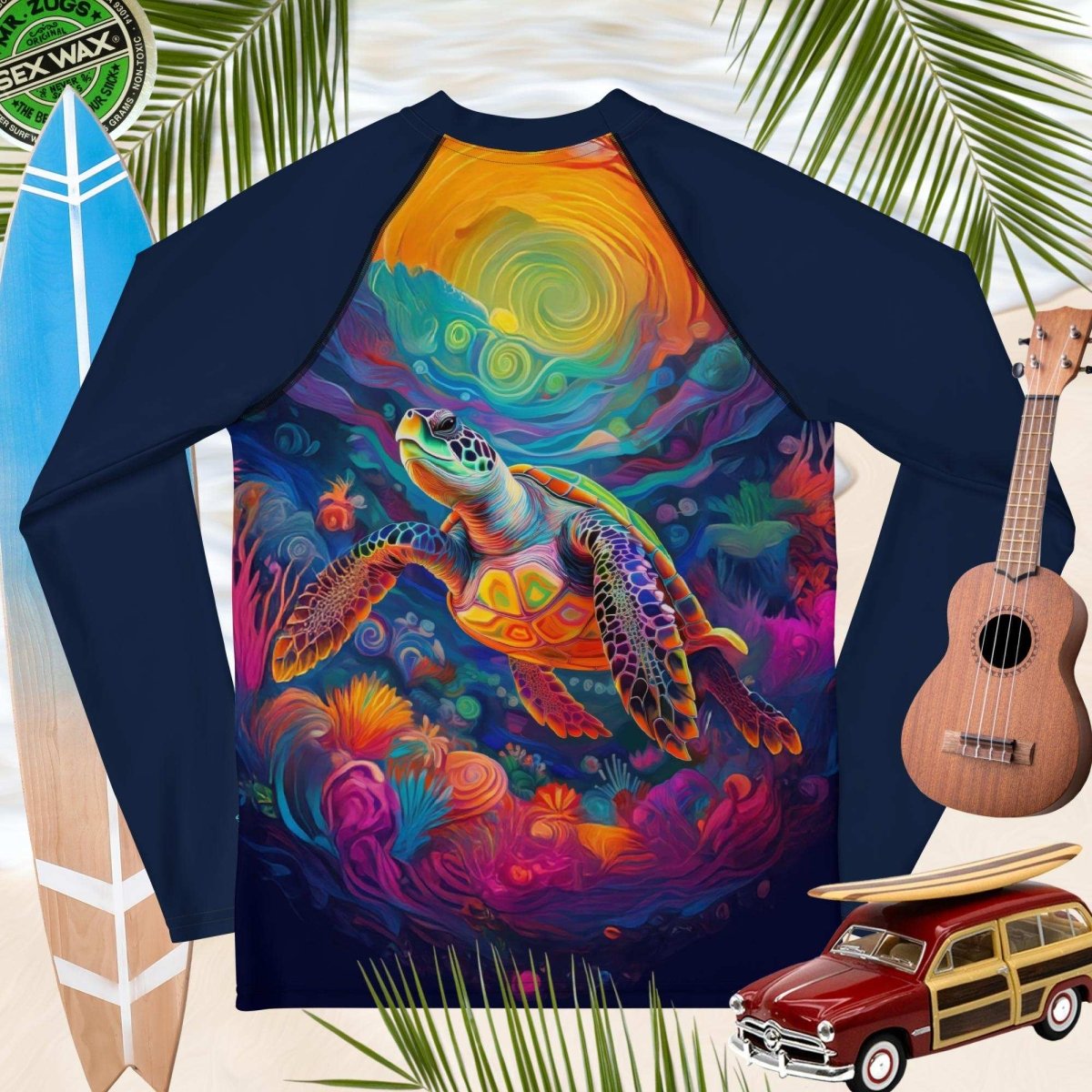 Navy blue rashguard with a colorful turtle design on a tropical background with surfboard, ukulele, and a toy car.