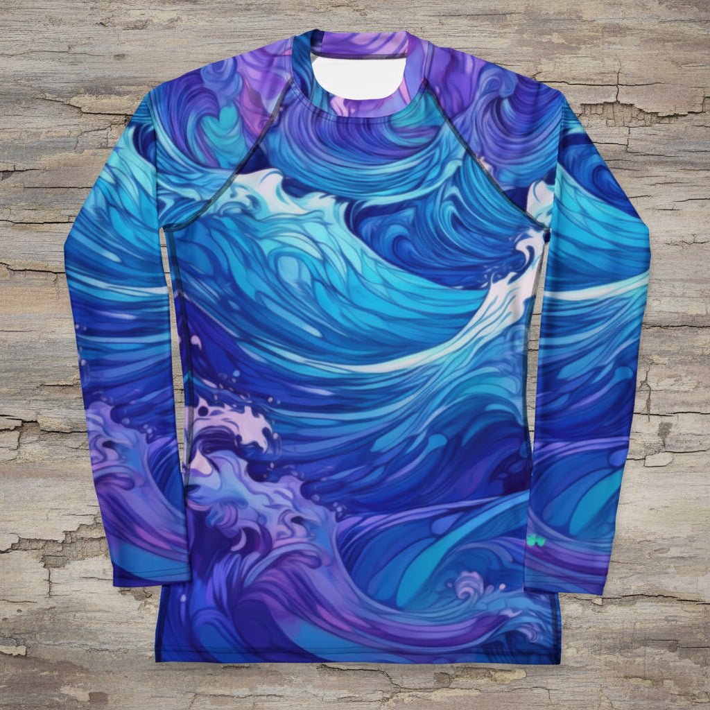 Long-sleeve shirt with blue and purple wave pattern on a rustic wood background
