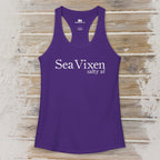 Purple tank top with 'Sea Vixen salty af' text on a wooden surface