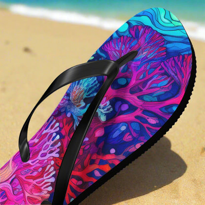 Colorful coral-patterned sandal with a black strap on a sunny beach background