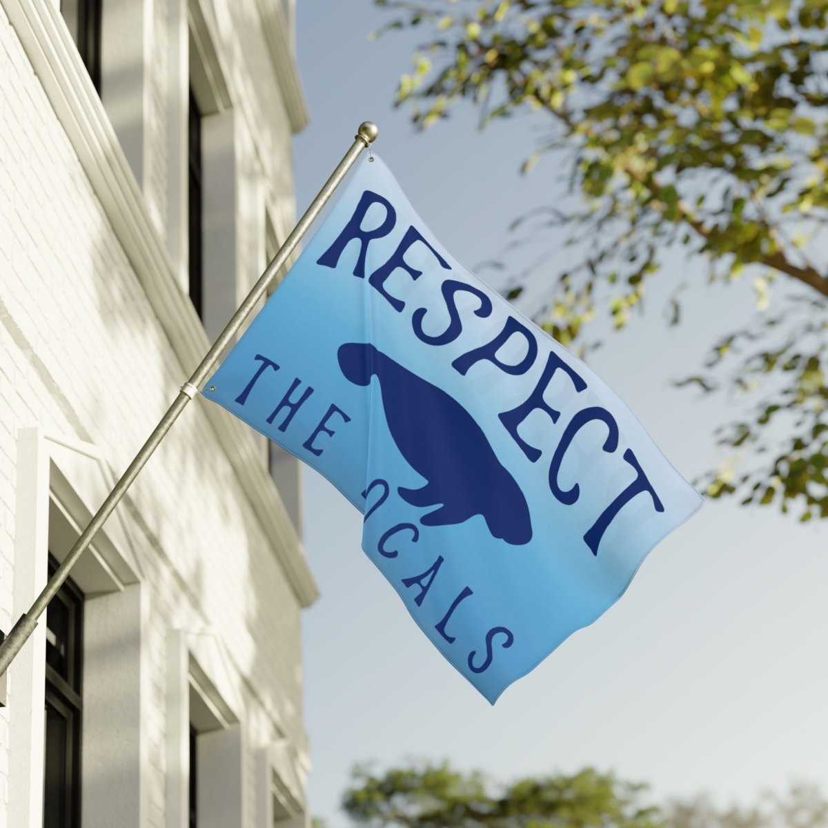 Flag with 'Respect the Locals' text and a silhouette of a person on a building