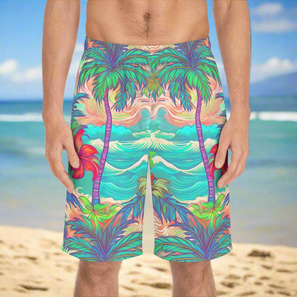 Surfer wearing retro hawaiian board shorts by Bongo Beachwear on Waikiki Beach