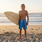 Blue and purple striped swim shorts on Waikiki Beach