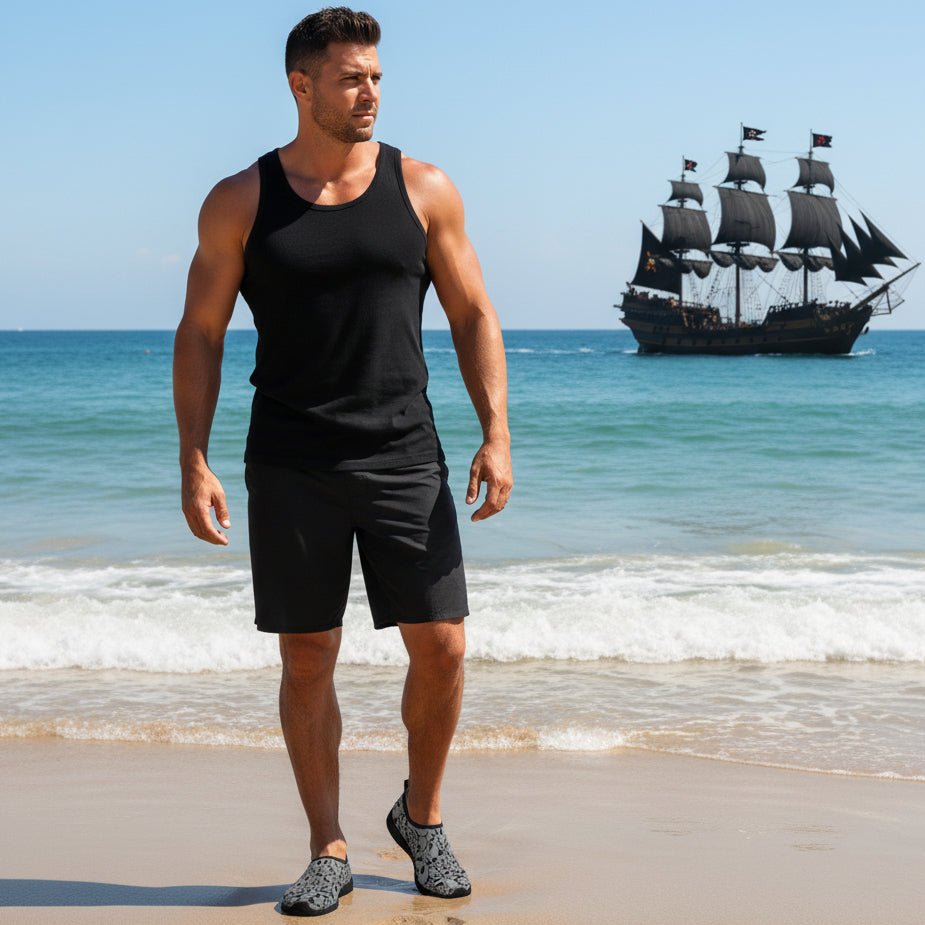 Dude standing on sanibel island beach wearing greyskull shoes with a pirate ship in the background