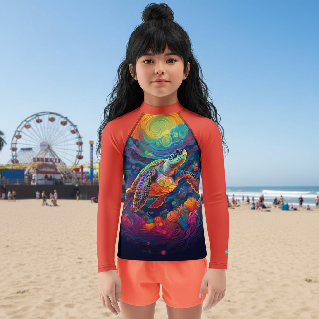 A young girl stands on a sandy beach in Santa Cruz California, wearing a long-sleeve swim shirt with a colorful sea turtle graphic on the front and bright coral-orange shorts. The background shows a beach scene with a Ferris wheel and ocean under a clear blue sky.