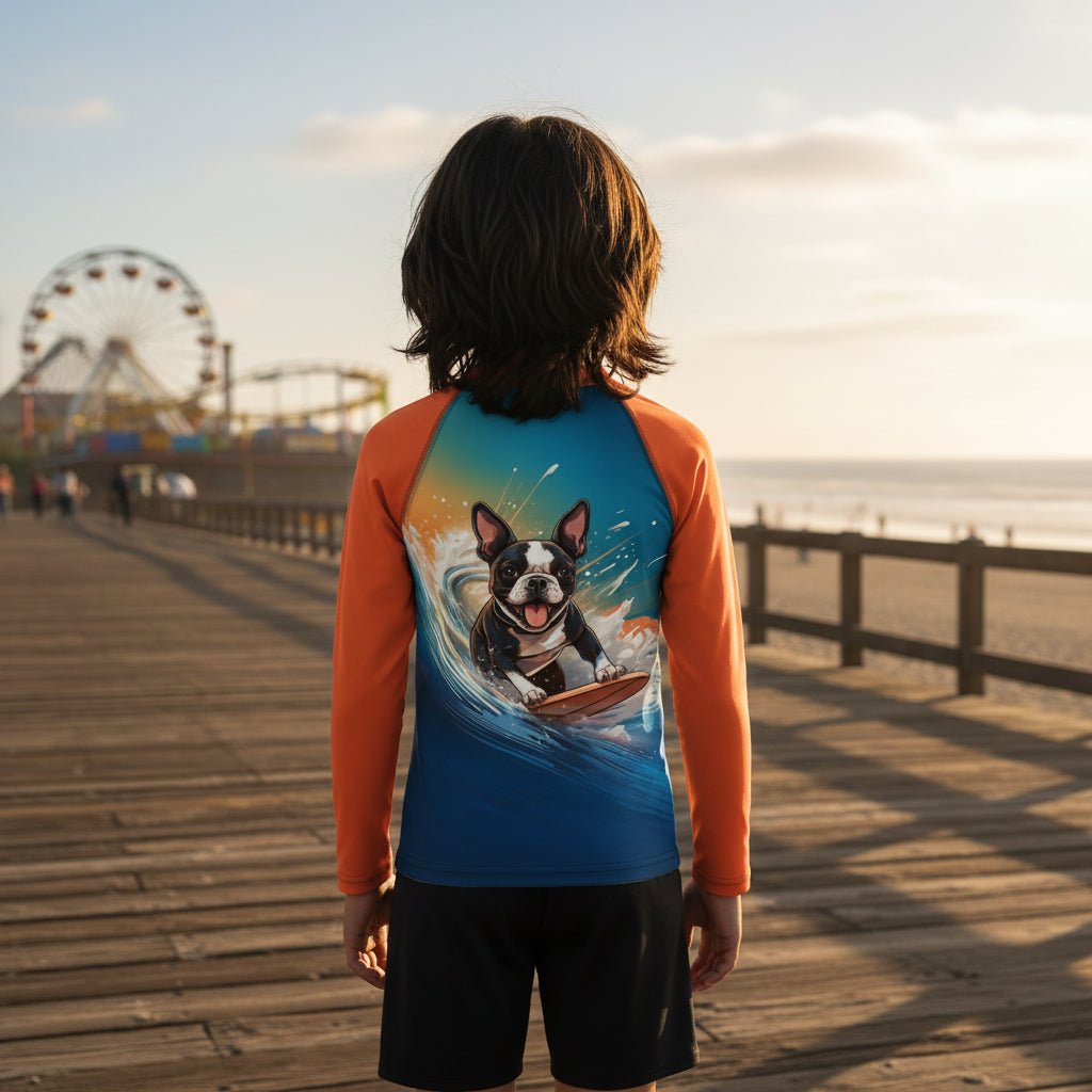 A child stands on a wooden boardwalk at the beach wearing a long-sleeve swim shirt with bright orange sleeves and a blue back graphic showing a dog surfing, paired with black swim shorts.