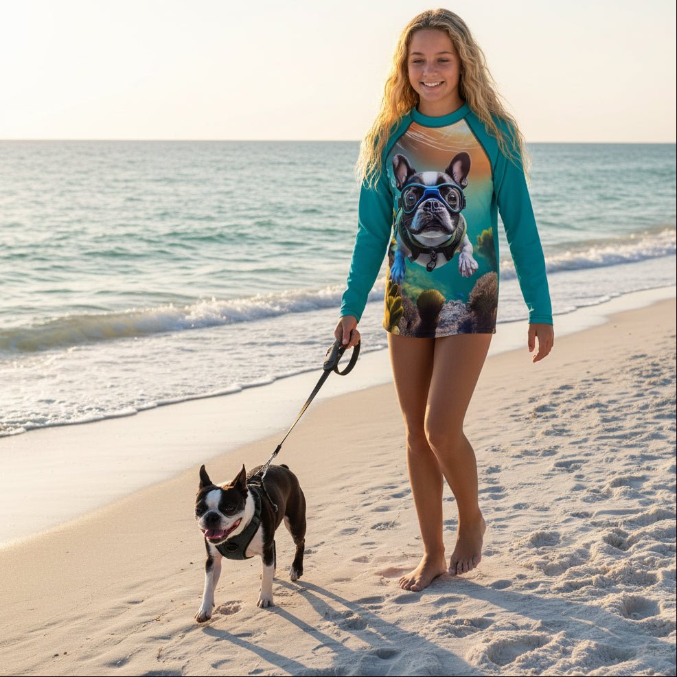 A teenage girl walking her Boston Terrier on Santa Monica Beach next to the ocean, wearing a long-sleeve dog-print rashie swim shirt.