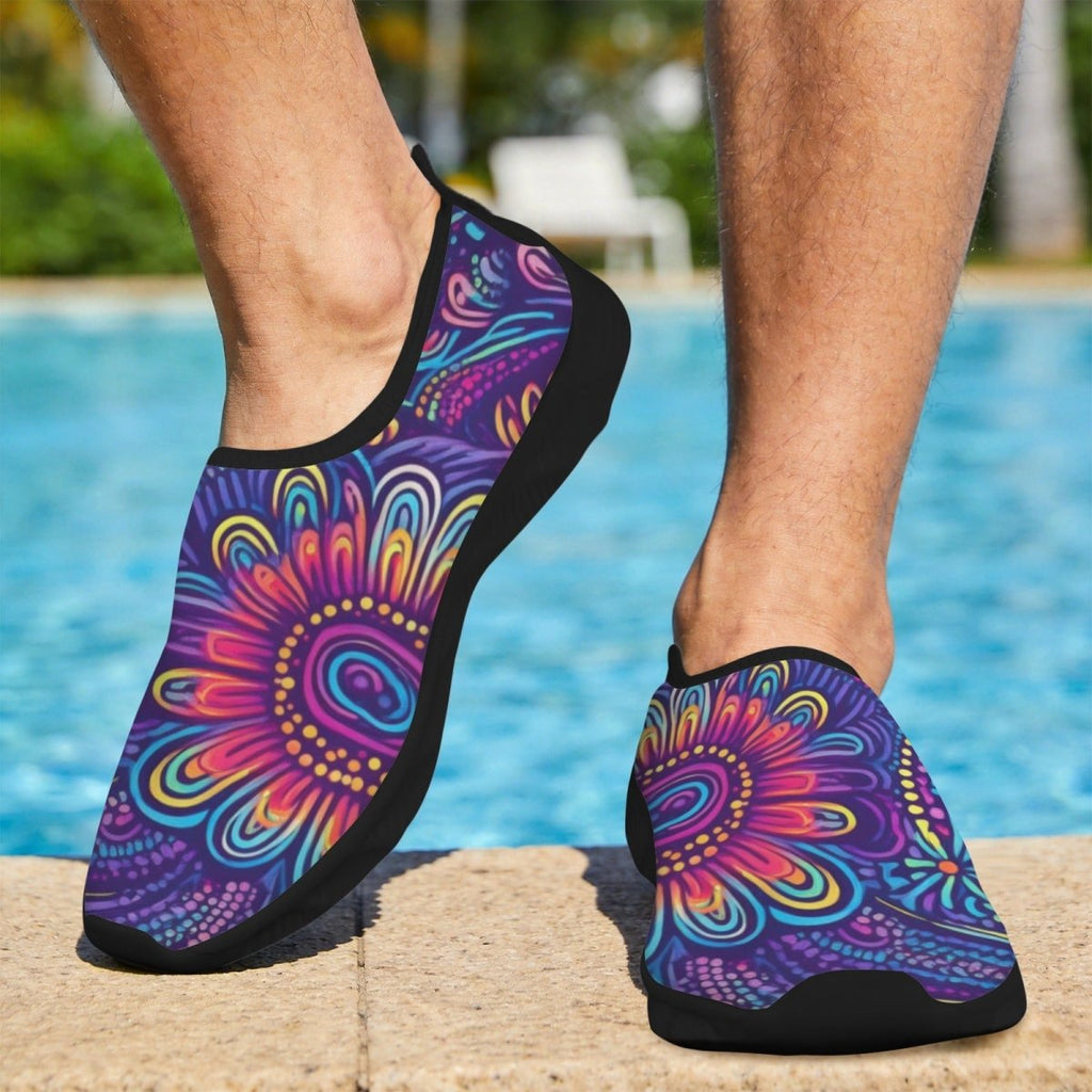 A person standing by a swimming pool wearing Island Tribal slip-on water shoes with a vivid psychedelic floral pattern in purple, blue, pink, orange, and yellow, with black trim and soles.
