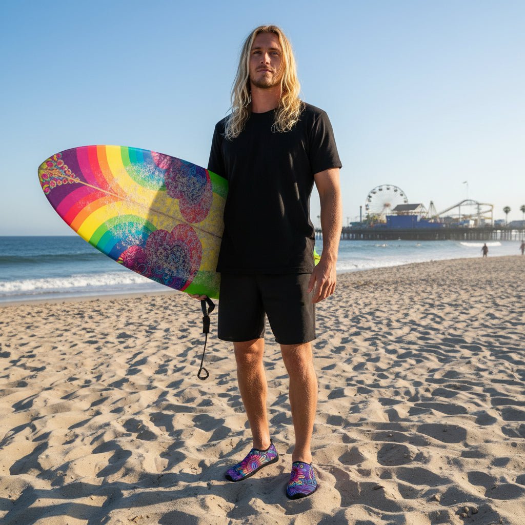 Surfer dude with long stringy blond hair wearing water shoes and black board shorts holding a surfboard standing on Santa Monica Beach - in square format 