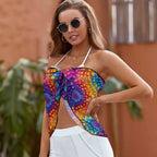 Beachwear model wearing a Bongo Beachwear sarong wrap with exclusive tie-dye pattern print.