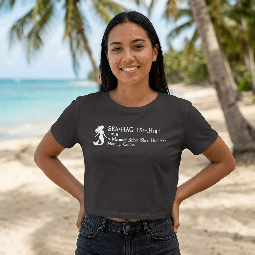 Girl in Sea Hag Crop Top on a tropical island beach