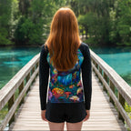 Girl with long red hair wearing long-sleeve raglan shirt with black sleeves and a vibrant, stained-glass style graphic of a manatee swimming underwater