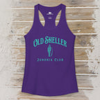 Purple tank top with 'Old Sheller Junonia Club' text on a wooden surface