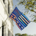 Colorful American flag with turtle designs on a building