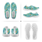 A four-panel product collage showing slip-on watercolor-style sneakers from multiple angles: top view, side view, back view, and sole view. The shoes have a turquoise, teal, and aqua floral print with white soles and white heel tabs.
