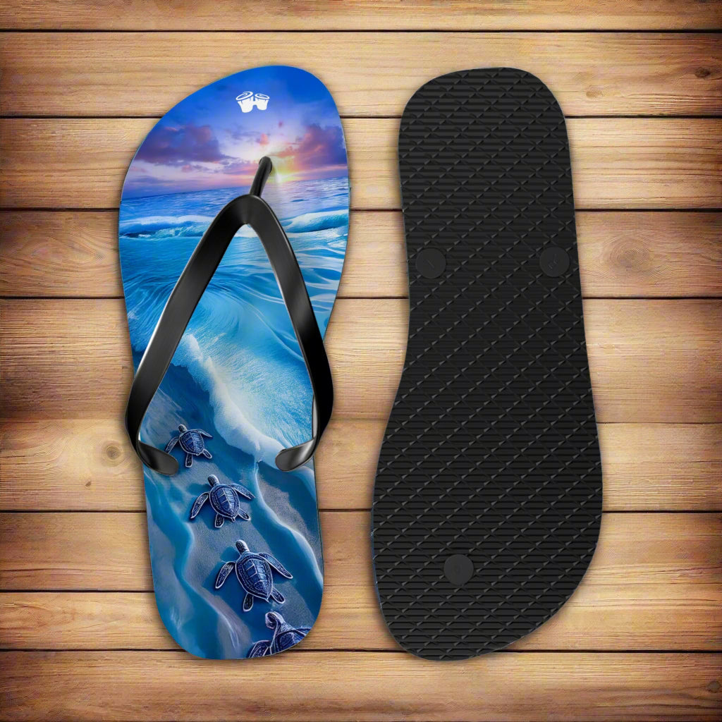 Flip-flop sandal with turtle design on a rustic nautical wood background