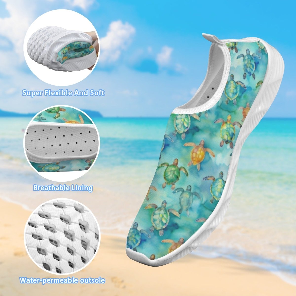 A single slip-on water shoe with a sea turtle print, shown against a beach background with three circular inset detail callouts highlighting flexibility, breathable lining, and water-permeable outsole.