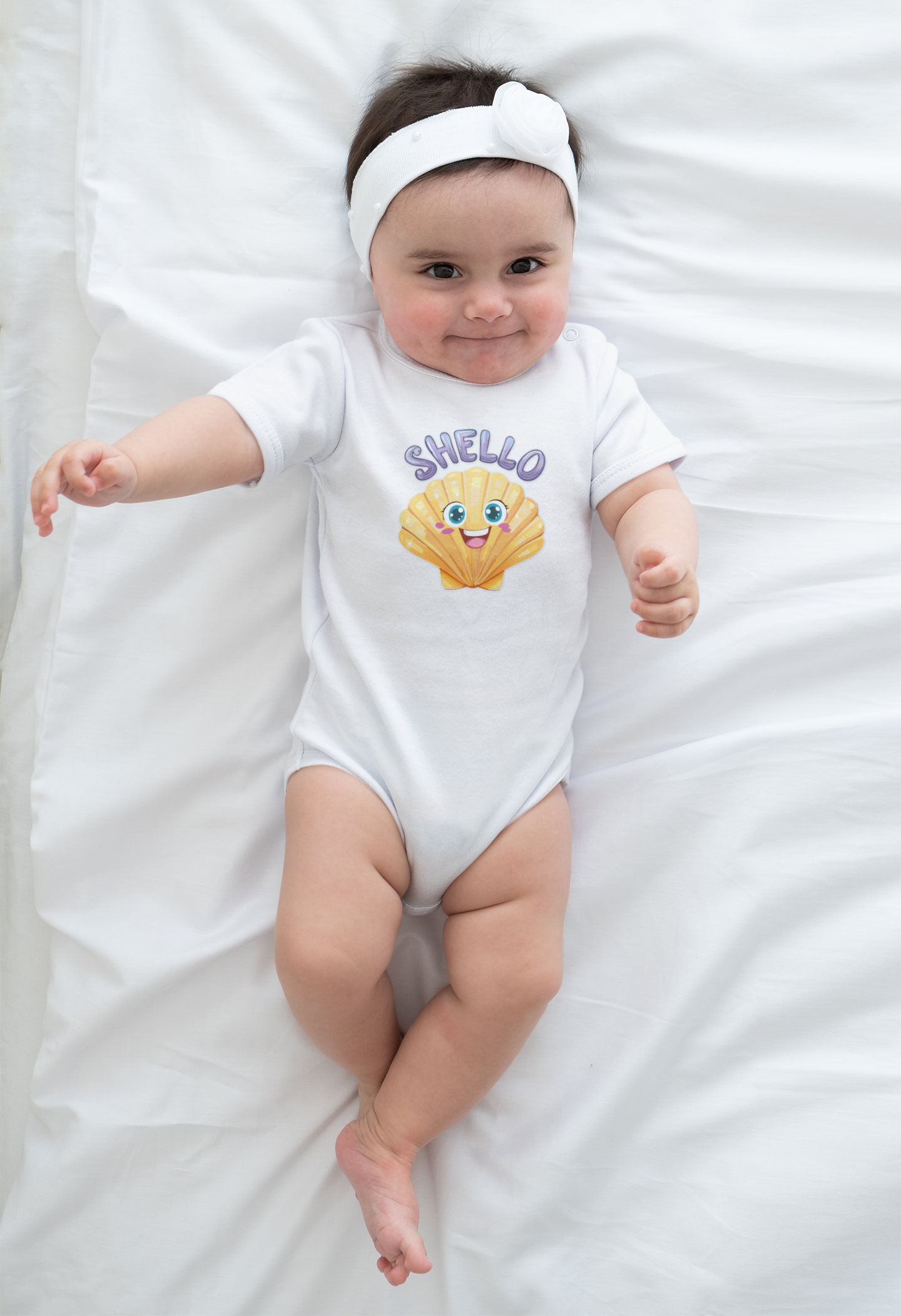 Baby wearing a white onesie with a seashell design and 'Shello' text on a white blanket