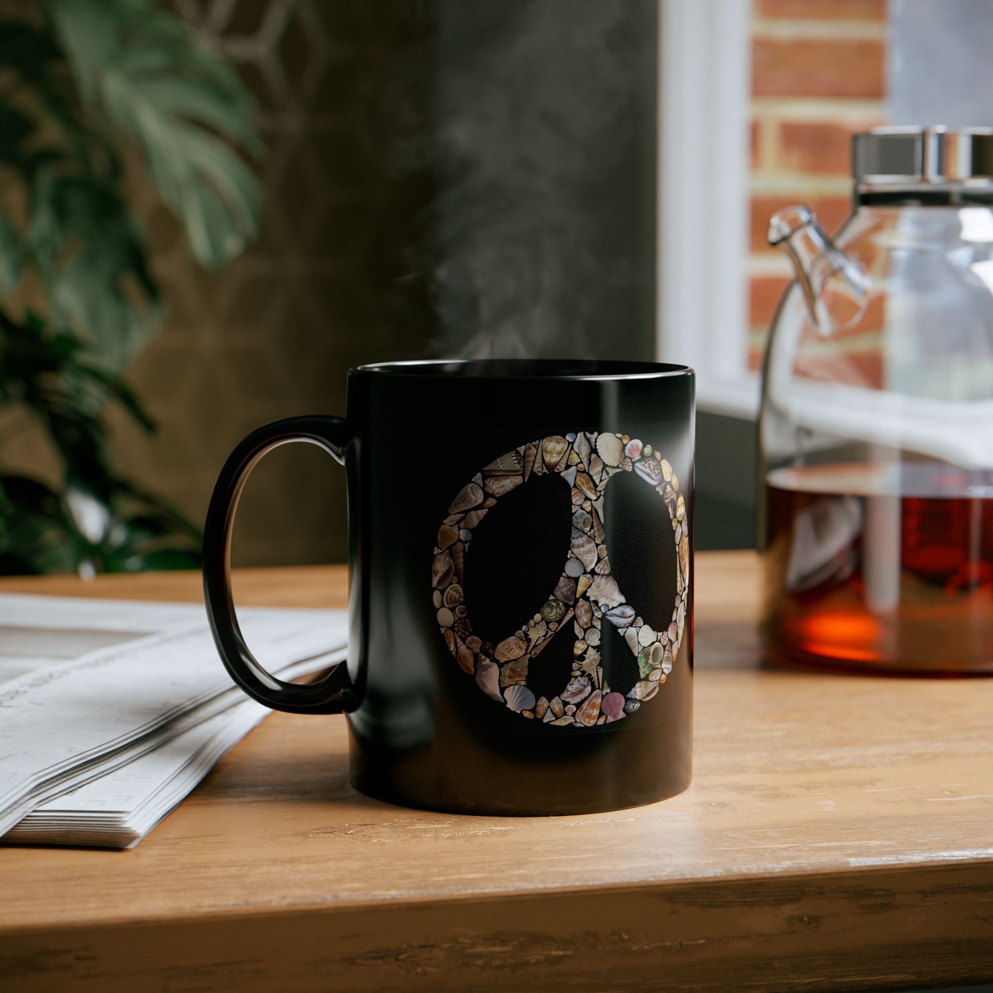 Seashell Peace Sign 11oz Coffee Mug on a desk