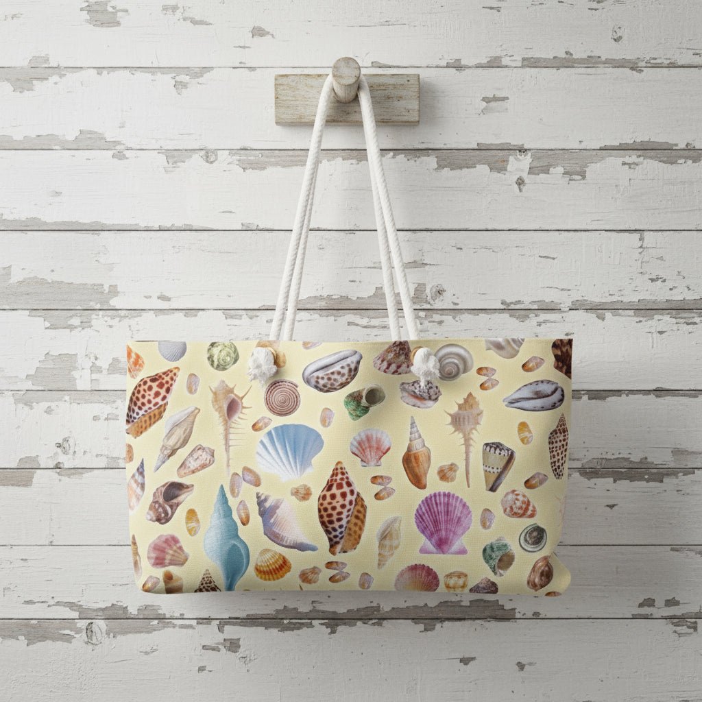 Tote bag with colorful shell pattern on a white background