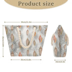 Product size chart with a bag and pouch featuring shell pattern and rope handles.