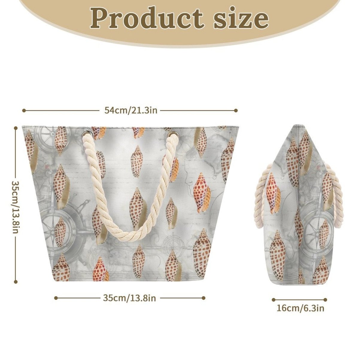 Product size chart with a bag and pouch featuring shell pattern and rope handles.