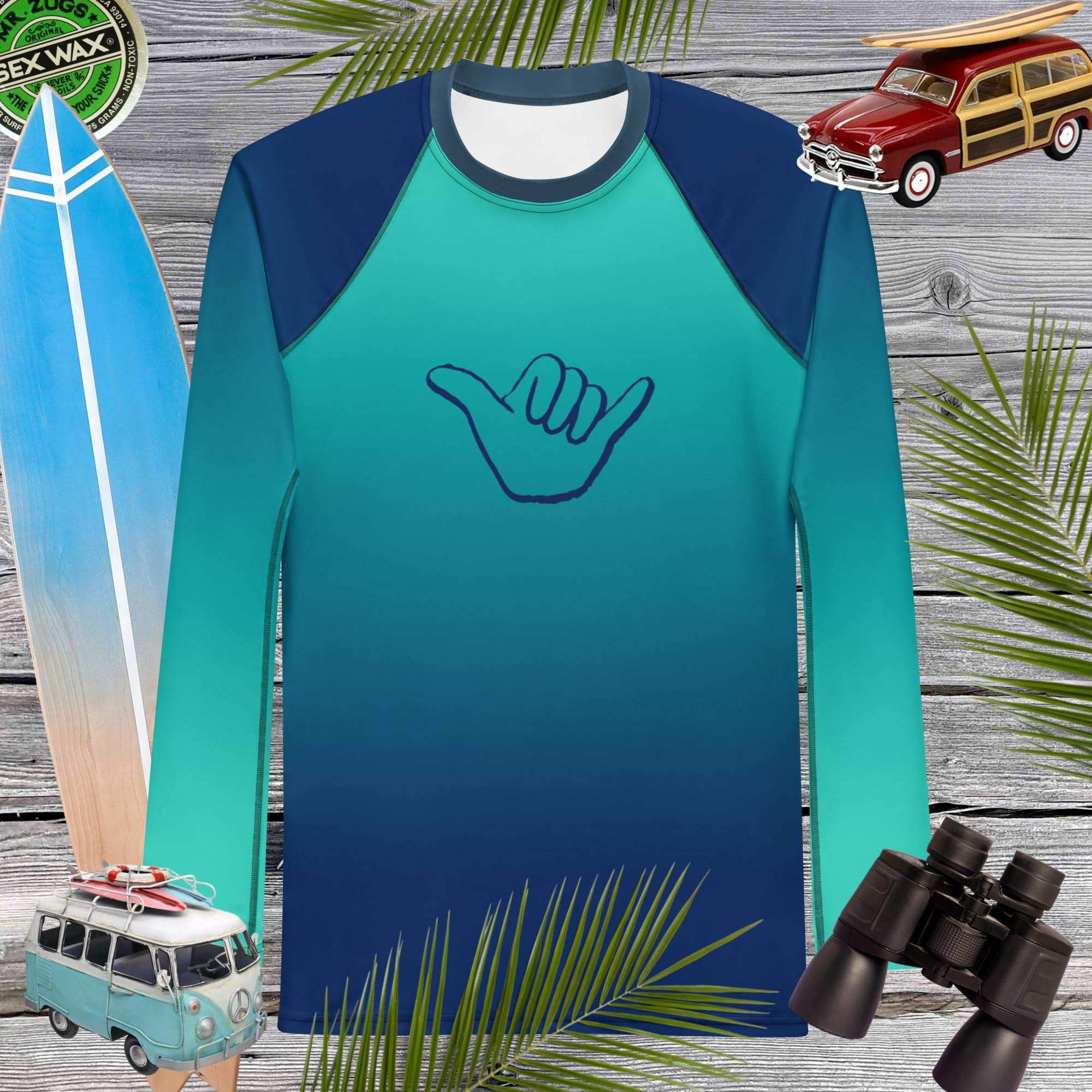 Shaka Art men's navy aqua fade rash guard, perfect for beachwear with surfboards and vintage cars.