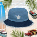 Shaka Blue Jean Bucket Hat with distressed brim, perfect for surfers and casual streetwear vibes. Hang Loose! 