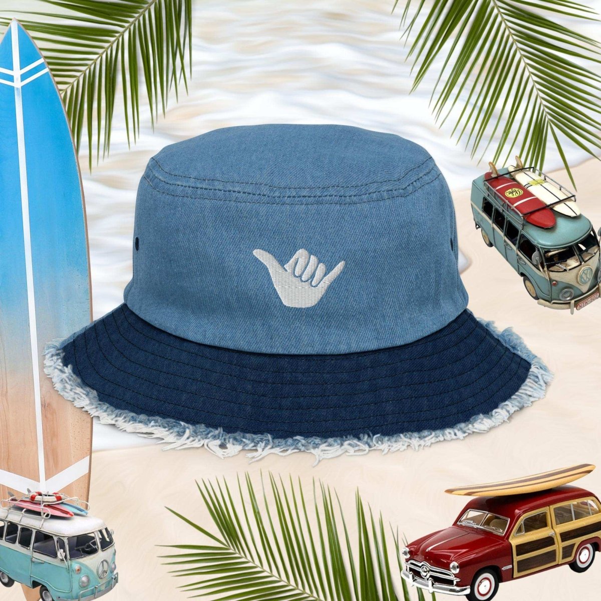 Shaka Blue Jean Bucket Hat with distressed brim, perfect for surfers and casual streetwear vibes. Hang Loose! 