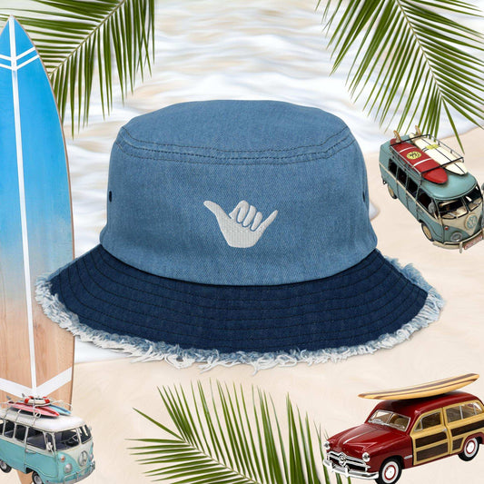 Shaka Blue Jean Bucket Hat with distressed brim, perfect for surfers and casual streetwear vibes. Hang Loose! 🌊🤙