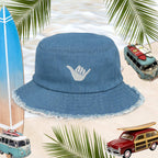 Shaka Blue Jean Bucket Hat with distressed brim, perfect for beach vibes and streetwear lovers. Hang Loose! 🤙