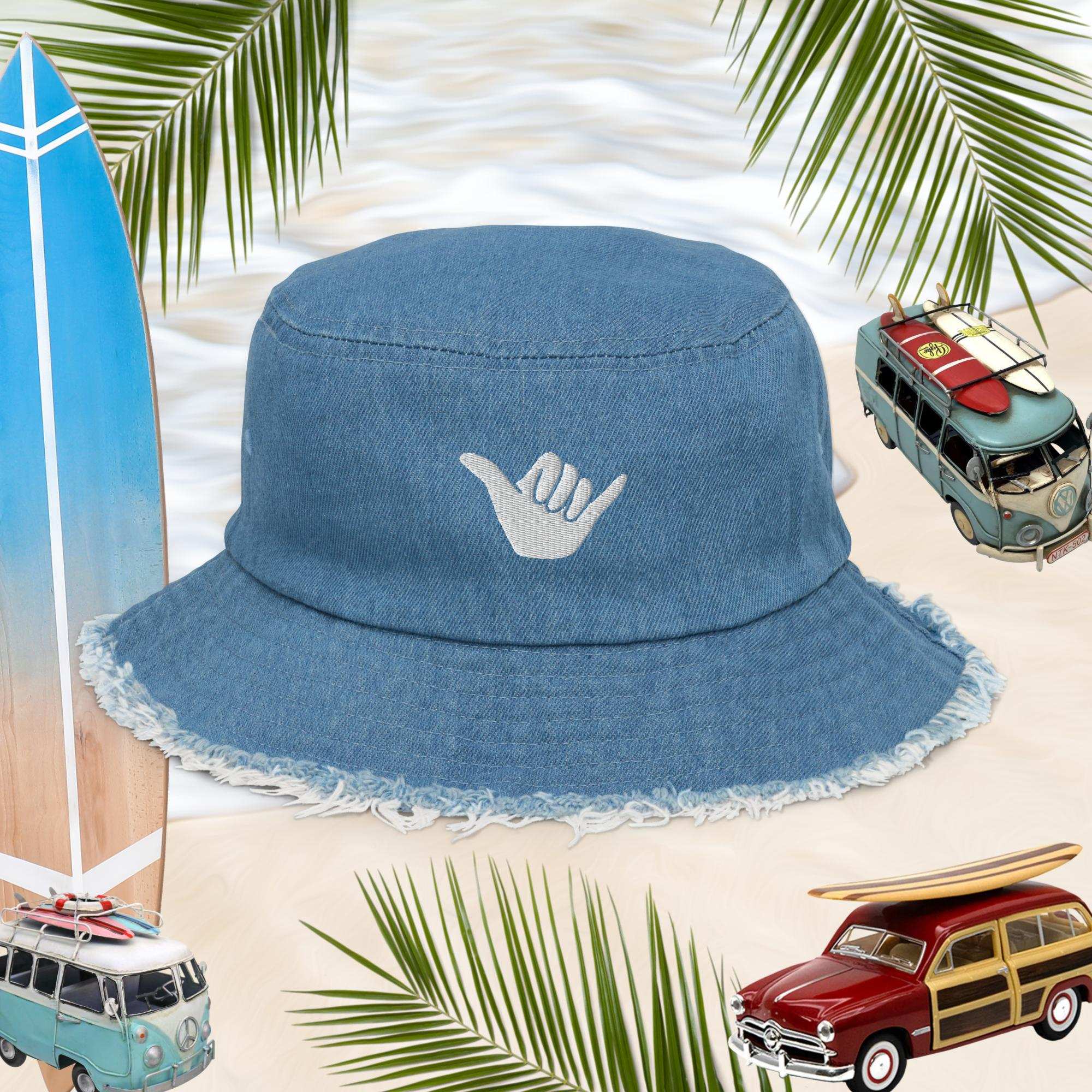 Shaka Blue Jean Bucket Hat with distressed brim, perfect for beach vibes and streetwear lovers. Hang Loose! 🤙