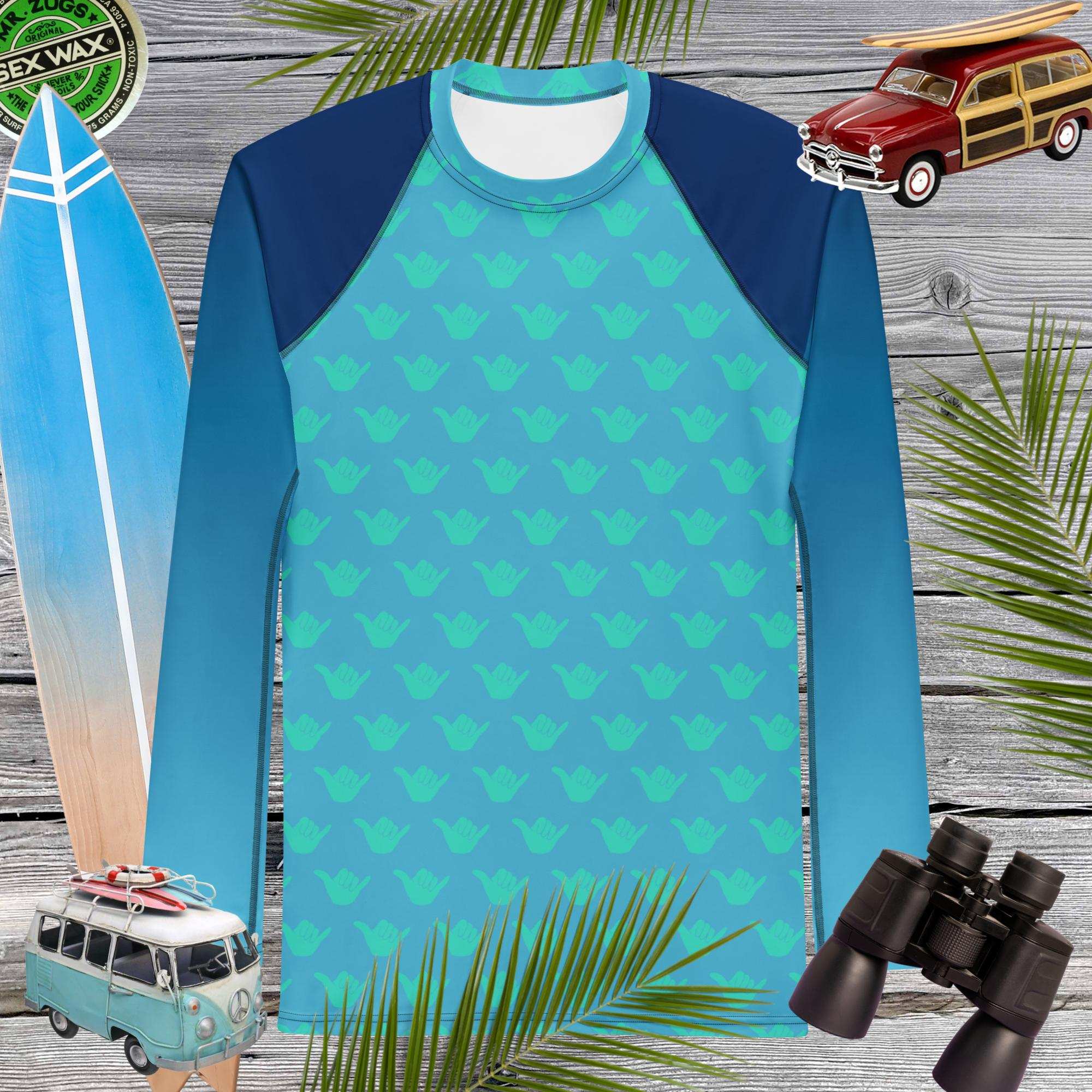 Shaka Pattern Men's Sun Rashie featuring vibrant design and UPF 50+ protection against UV rays.