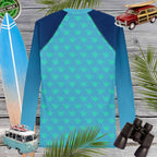 Men's long-sleeve sun rash guard with vibrant Shaka pattern, perfect for outdoor sports and UPF 50+ sun protection.
