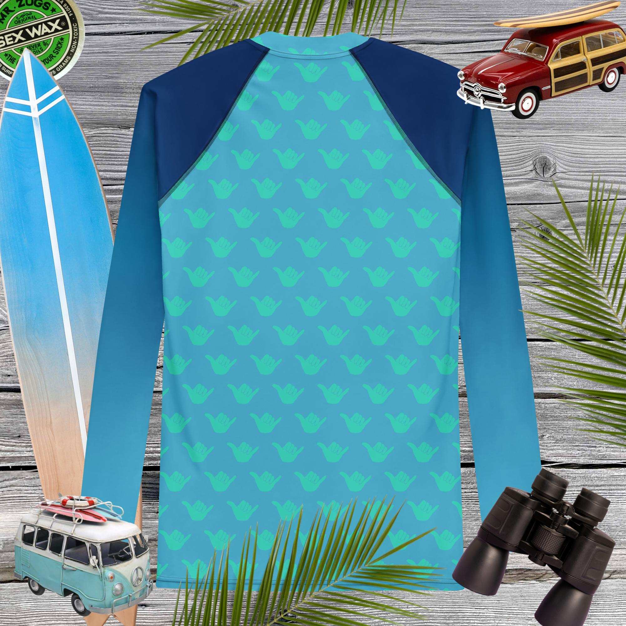 Men's long-sleeve sun rash guard with vibrant Shaka pattern, perfect for outdoor sports and UPF 50+ sun protection.
