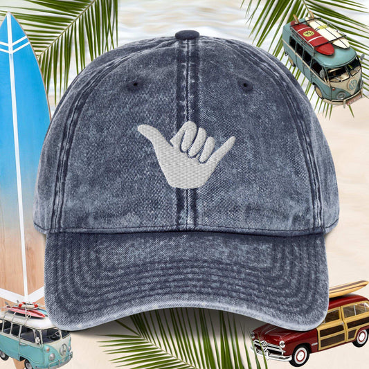 Navy-Shaka Sign Embroidered Cotton Twill Cap