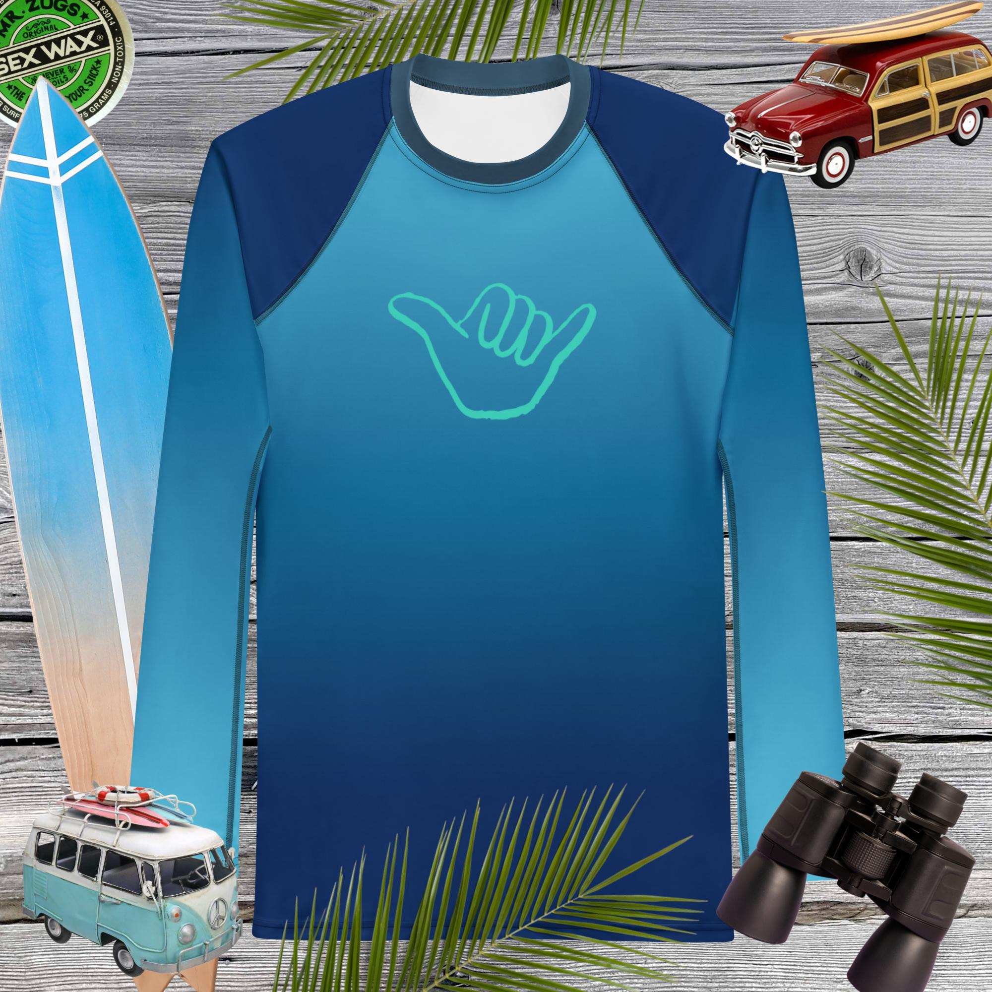 Cool blue fade long-sleeve rashie featuring shaka sign, perfect for aquatic sports and UPF 50+ protection.