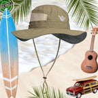 Beige sun hat with a shaka logo on a beach background with surfboard, ukulele, and car.