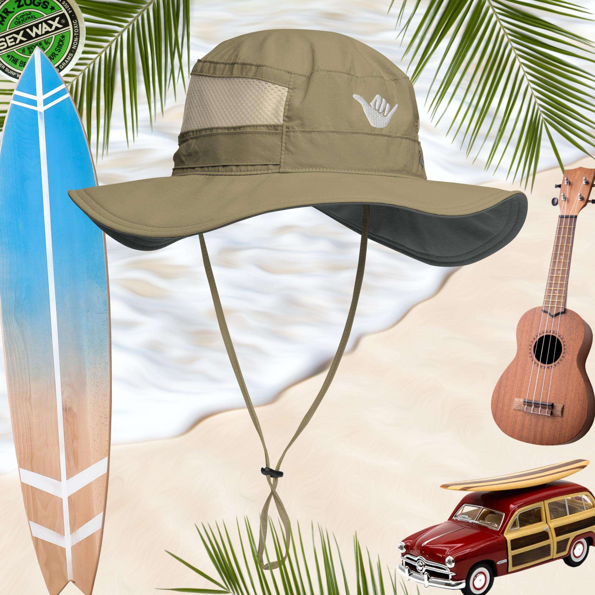 Beige sun hat with a shaka logo on a beach background with surfboard, ukulele, and car.