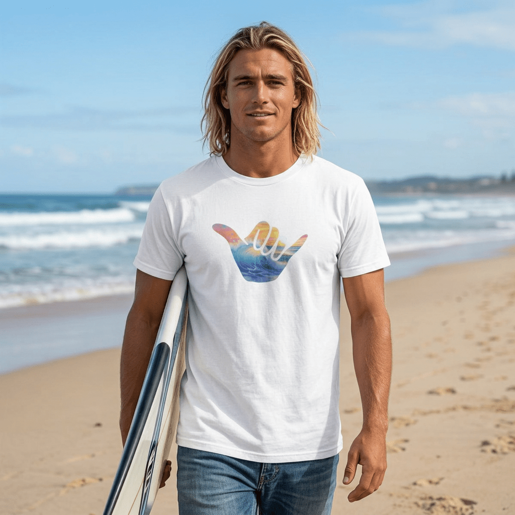 A man walking on a sandy beach holding a surfboard under his arm, wearing a white Hang Loose Shaka t-shirt with a colorful shaka sign hand graphic on the chest and blue jeans.