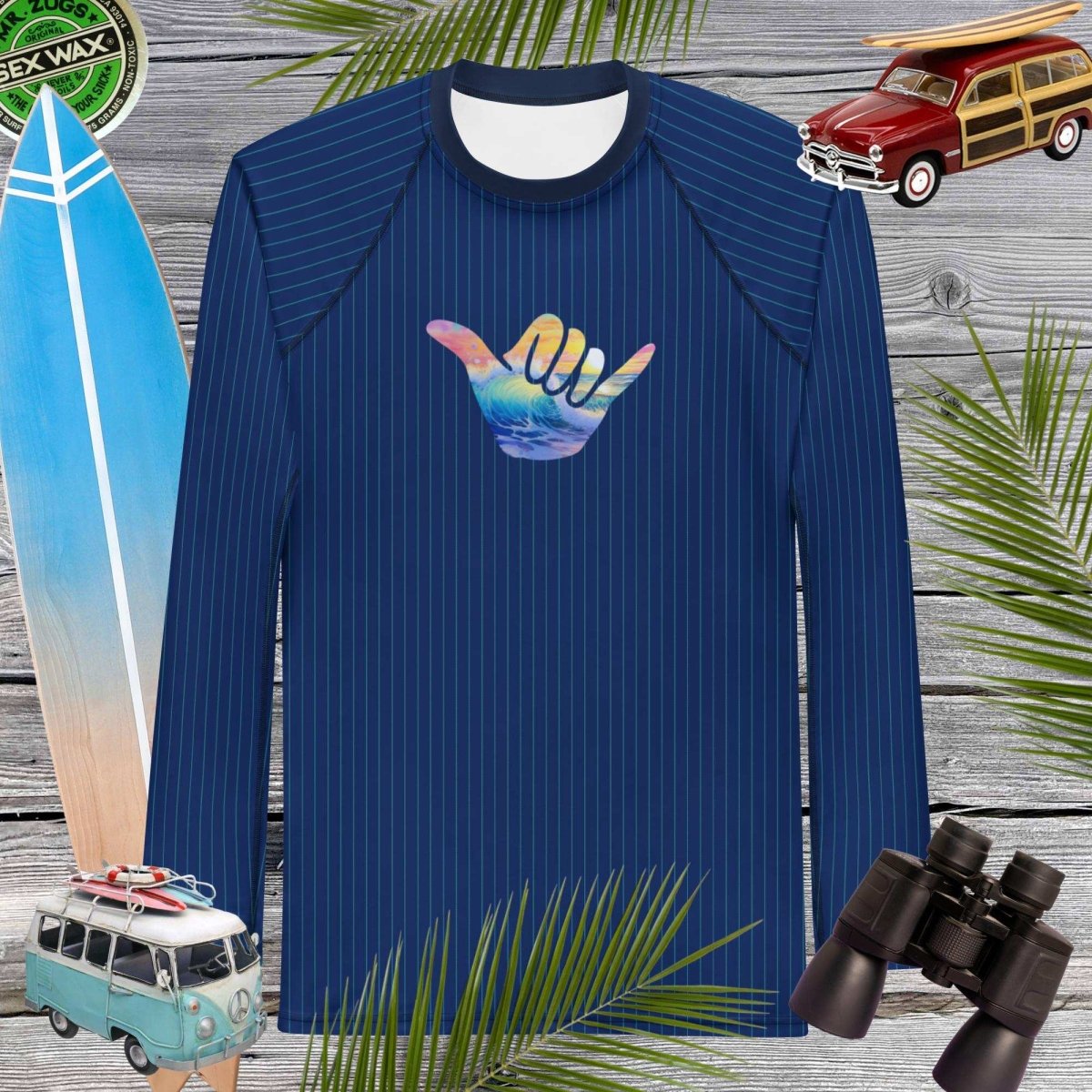 Navy Men's Rash Guard Pinstripe and Shaka Sign on chest. over a background of surfing icons