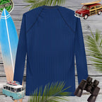 Back of Navy Rash Guard With Aqua Pinstripes of Surfboards in background