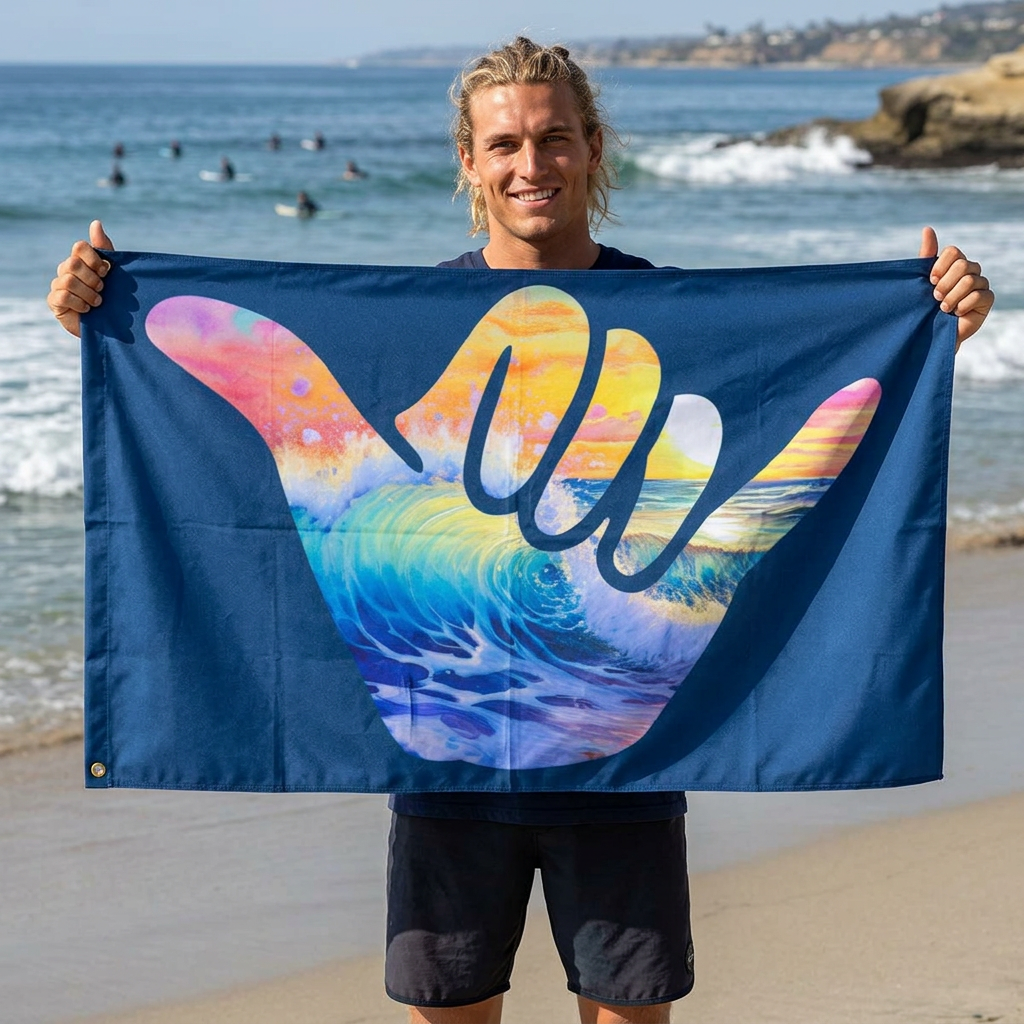 Surfer Dude holding a colorful flag with a Shaka wave design on La Jolla beach
