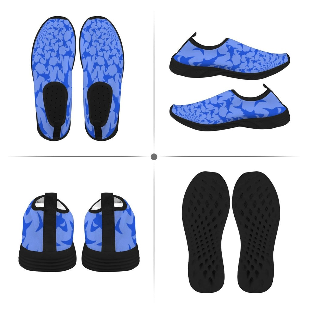 A four-panel product layout showing a pair of slip-on water shoes from multiple angles: top-down, side views, and outsoles. The shoes have a bright blue and medium blue abstract patterned upper with black soles and black heel details.
