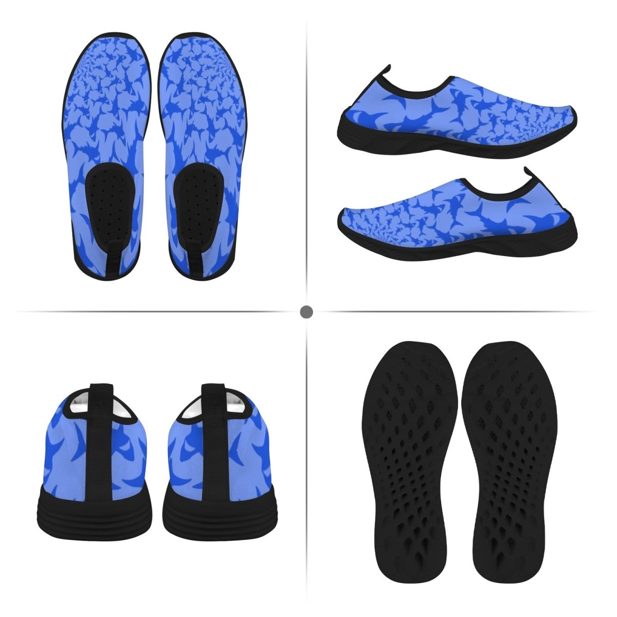 A four-panel product layout showing a pair of slip-on water shoes from multiple angles: top-down, side views, and outsoles. The shoes have a bright blue and medium blue abstract patterned upper with black soles and black heel details.