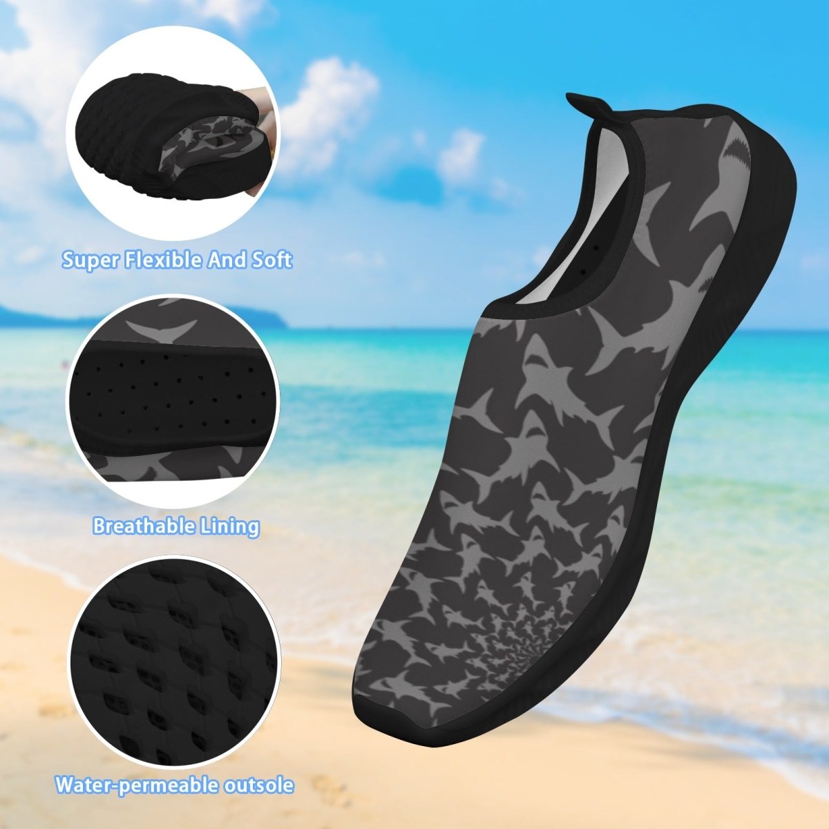 A single water shoe with a gray and black Infinite shark pattern, shown against a beach background with three circular inset detail images and text highlighting features like super flexible and soft, breathable lining, and water-permeable outsole.