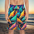 Men's board shorts with a vibrant surreal shark pattern worn by a surfer dude standing on a beach at sunset